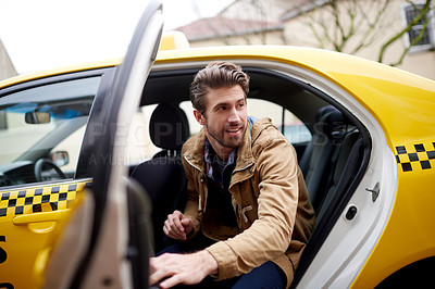 Buy stock photo Open door, passenger and man in taxi for commute, ehailing transport service and drive home from work. Exit, customer and person in vehicle for travel, journey and cab ride to drop off destination.