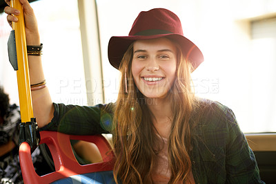 Buy stock photo Happy, travel and portrait of girl on bus for journey to high school for education with confidence. Smile, pride and face of female teenager from London on public transport for commuting to campus.
