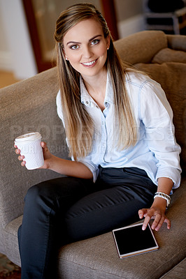 Buy stock photo Coffee, portrait and tablet with woman on sofa in living room of home for break or social media. App, smile and weekend with happy person drinking beverage in apartment for browsing or connectivity
