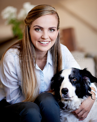 Buy stock photo Hug, portrait and smile of woman with dog on sofa in living room of home for animal adoption or trust. Bonding, love or relax with foster pet and owner embracing in apartment together for loyalty