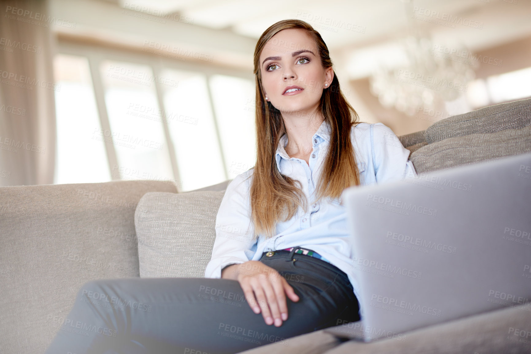 Buy stock photo Creative, thinking and woman with laptop, home and research for article on web, planning and online. Reflection, journalist and person with tech for story, freelance project or remote work in house