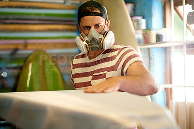 Buy stock photo Respirator, PPE and craftsman with foam, surfboard and creativity for skills, talent and hobby. Man, artist and entrepreneur with workshop for design, manufacturing and custom work for artisan craft