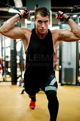 Buy stock photo Training, man and equipment for bodybuilder, workout and exercise in gym for health and power. Sport person, weightlifting and performance for muscle development, challenge or fitness for wellness