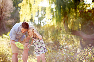 Buy stock photo Nature, man and child with net in forest together for bonding, outdoor fun and educational activity. Discovery, caring father or girl in woods for learning opportunity, space or support in connection