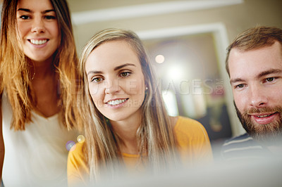 Buy stock photo Team, creative and business people with technology for planning, development or review article. Happy group, office and discussion for project approval, research or brainstorming with magazine editor