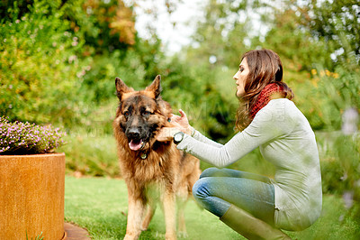 Buy stock photo Love, dog walking and relax with woman in park for training, adventure and health. Animal care, support and morning with person and German Sheppard pet in nature for bonding, guide and wellness