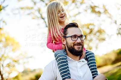 Buy stock photo Smile, father and child on shoulders at park for travel, playful fun and bonding together on holiday. Happy, man and carry toddler with love, balance support and vacation with games to explore nature