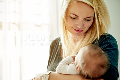 Buy stock photo Mom, holding or baby with love for newborn parenting, comfort or peaceful swaddle in home. Mother, child or infant kid with smile for sleep, nap or rest in arms for childhood embrace or care in house
