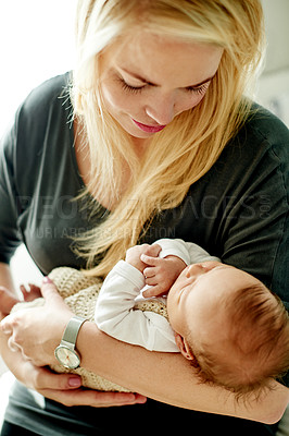 Buy stock photo Mom, newborn or holding baby with love for peaceful nap, rest or swaddle in nursery home. Mother, child or infant kid sleeping with hug or eyes closed in arms for childhood embrace, care or parenting
