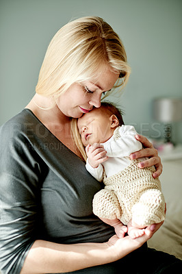Buy stock photo Mom, relax or newborn with baby for love, peaceful nap or rest in comfort or nursery home. Mother, child or infant kid sleeping with hug or eyes closed in arms for childhood embrace or parenting care