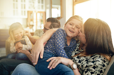 Buy stock photo Love, hug and parents with kids in living room for bonding, relax together and cozy weekend morning. Trust, caring man and woman with children in home for family time, support and happy relationship 