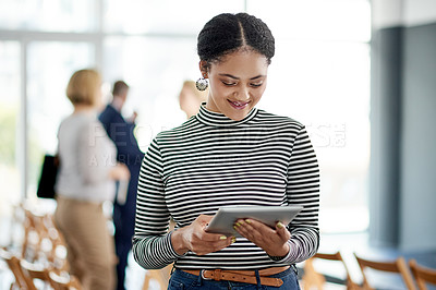 Buy stock photo Online, employee and woman with tablet, workshop and proofreading article on web, creative or media. Event, journalist and person with tech for story, editing and review of info, smile and scroll