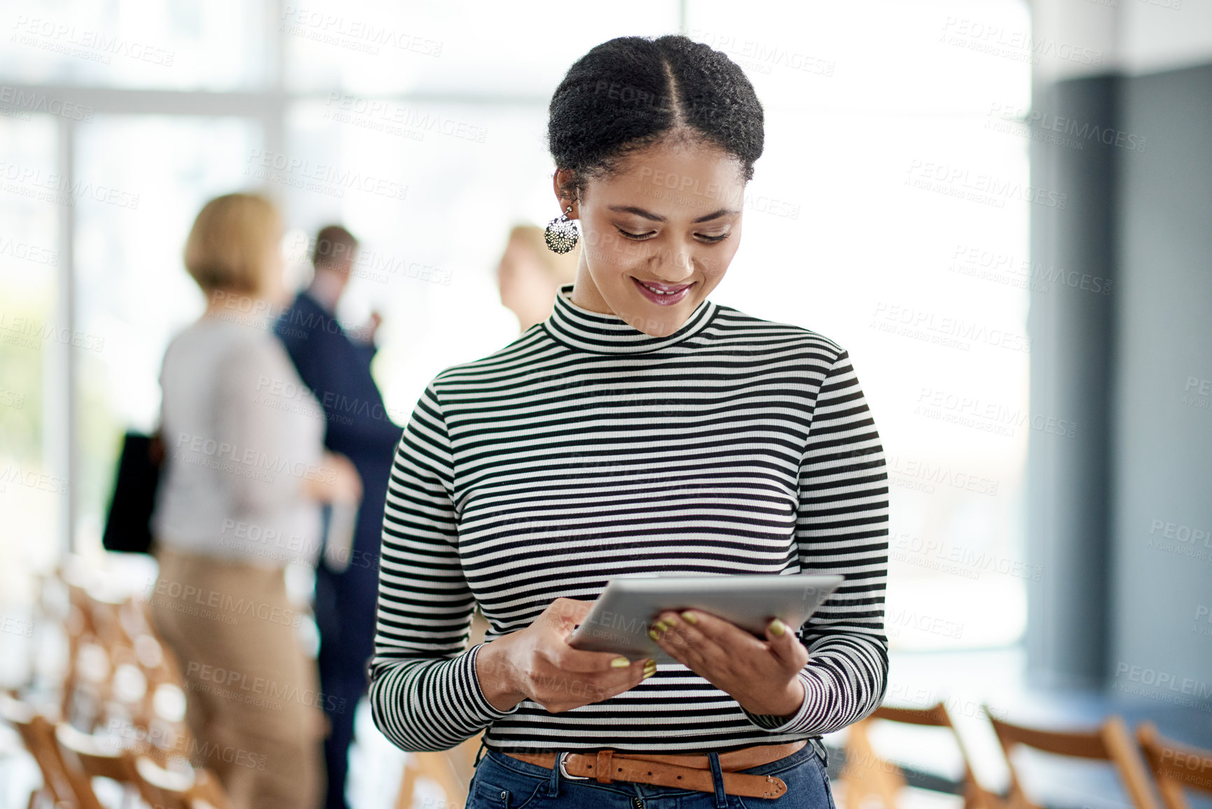 Buy stock photo Online, employee and woman with tablet, workshop and proofreading article on web, creative or media. Event, journalist and person with tech for story, editing and review of info, smile and scroll