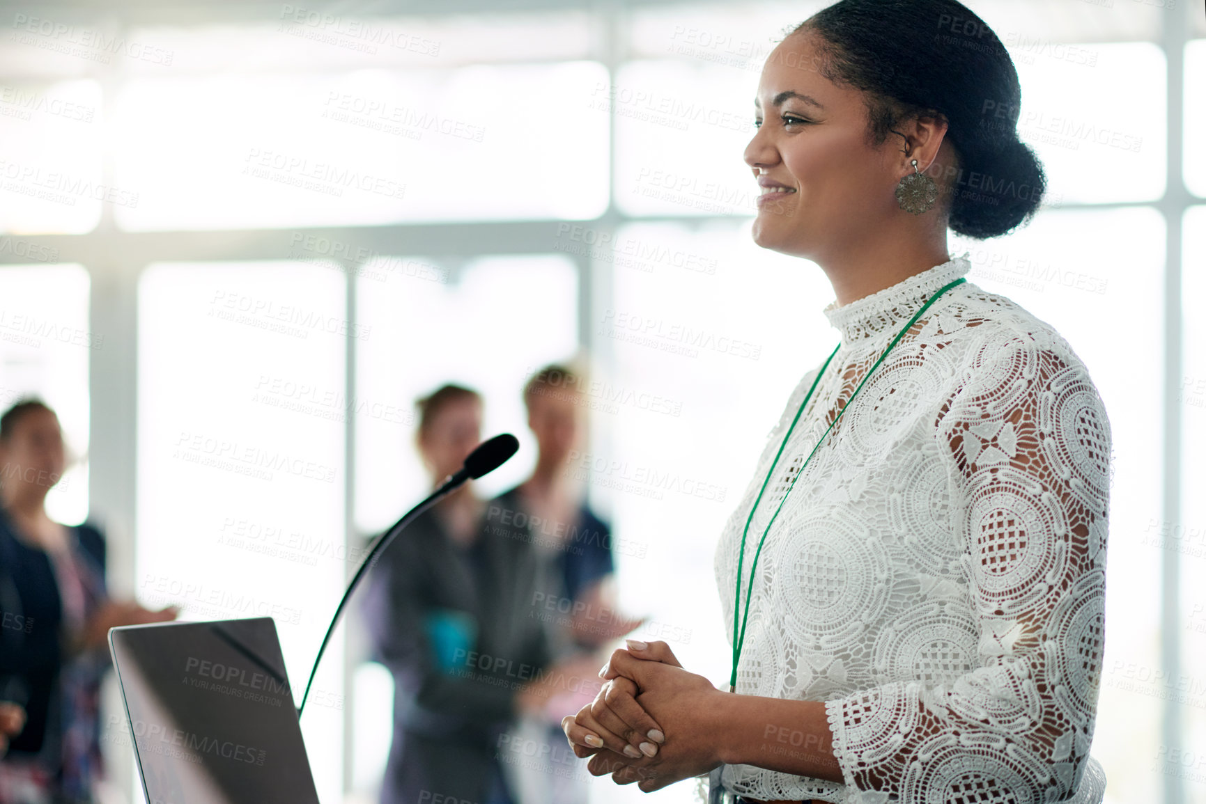 Buy stock photo Business woman, speech and happy at convention with applause, goals and success at company. Person, speaker and smile on stage for celebration, announcement or presentation at corporate conference