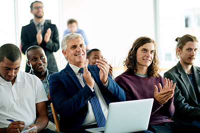 Buy stock photo Business, audience and man with applause, conference and financial agency with celebration. Seminar, happy group and crowd in office, clapping and company target with convention, cheering and goals