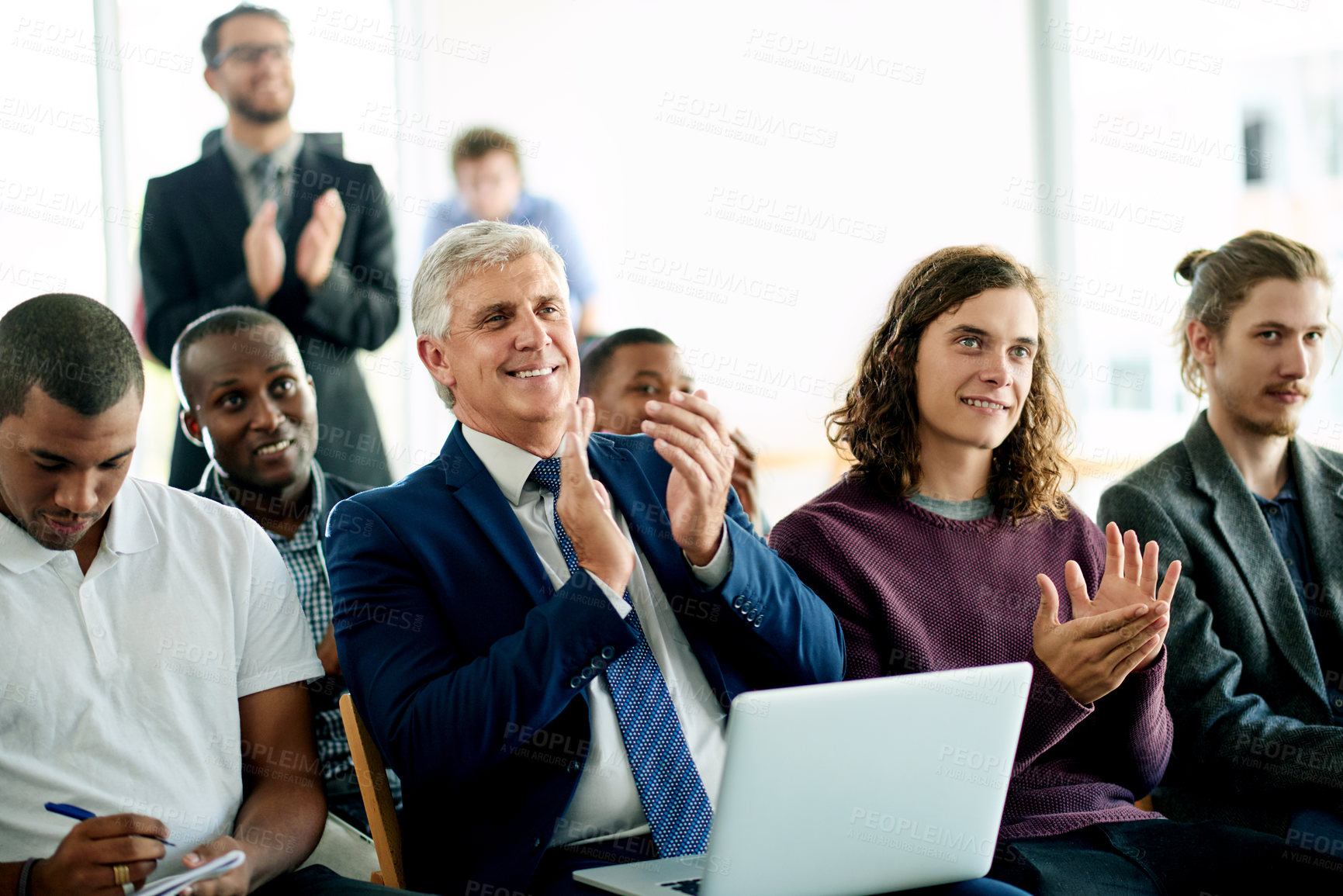 Buy stock photo Business, audience and man with applause, conference and financial agency with celebration. Seminar, happy group and crowd in office, clapping and company target with convention, cheering and goals