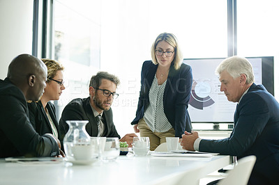 Buy stock photo Business people, planning and presentation with documents for meeting, brainstorming or proposal. Graphs, collaboration and office communication with paperwork for project negotiation and report