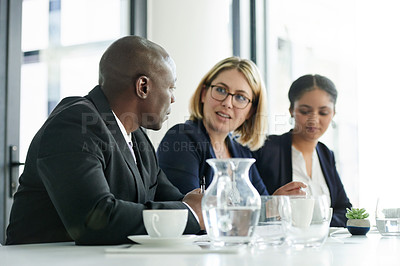 Buy stock photo Team, meeting and people with coffee, boardroom and plan for wealth management in corporate company. Talking, accountant and colleagues with financial strategy, discussion and investment opportunity