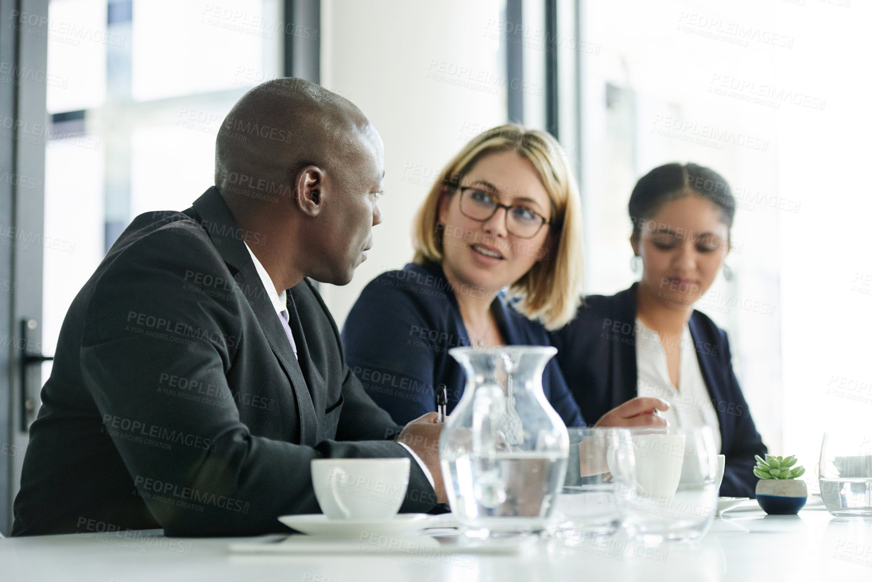 Buy stock photo Team, meeting and people with coffee, boardroom and plan for wealth management in corporate company. Talking, accountant and colleagues with financial strategy, discussion and investment opportunity