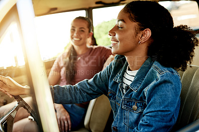 Buy stock photo Smile, road trip and women in car for holiday, travel or vacation on outdoor adventure. Flare, explore or friends with destination, view or motor vehicle for weekend getaway, scenery or journey