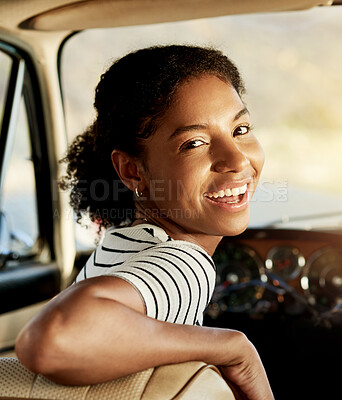 Buy stock photo Black woman, happy and portrait in car for road trip, vacation and tourism with confidence. African girl, person and smile in vehicle for transportation, holiday and excited for journey in Kenya
