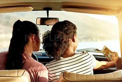 Buy stock photo Women, photography or back with selfie in car for road trip memory, picture or transportation. Female people, travel and vehicle with capture moment for social media post, bonding or holiday together