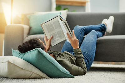 Buy stock photo Book, education and floor with woman in living room of home for knowledge or learning on carpet. Reading, scholarship and study with student person in apartment for college or university literature