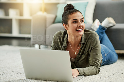 Buy stock photo Laptop, learning and thinking with woman on floor in living room of home for education or study. Computer, idea and smile with happy student on carpet in apartment for development, future or growth