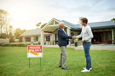 Buy stock photo Happy, agent and man with handshake of new home for real estate success, investment and homeowner. People, lease agreement and realtor deal for property purchase, negotiation and security achievement