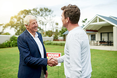 Buy stock photo Smile, realtor and man with handshake of new home for real estate success, investment and homeowner. People, lease agreement and deal congratulations of property purchase, negotiation and achievement
