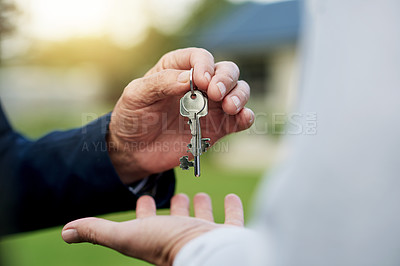 Buy stock photo Hands, agent and man with keys of new home for real estate success, investment and homeowner. People, offer and realtor deal with property purchase, sale negotiation and achievement for secure future