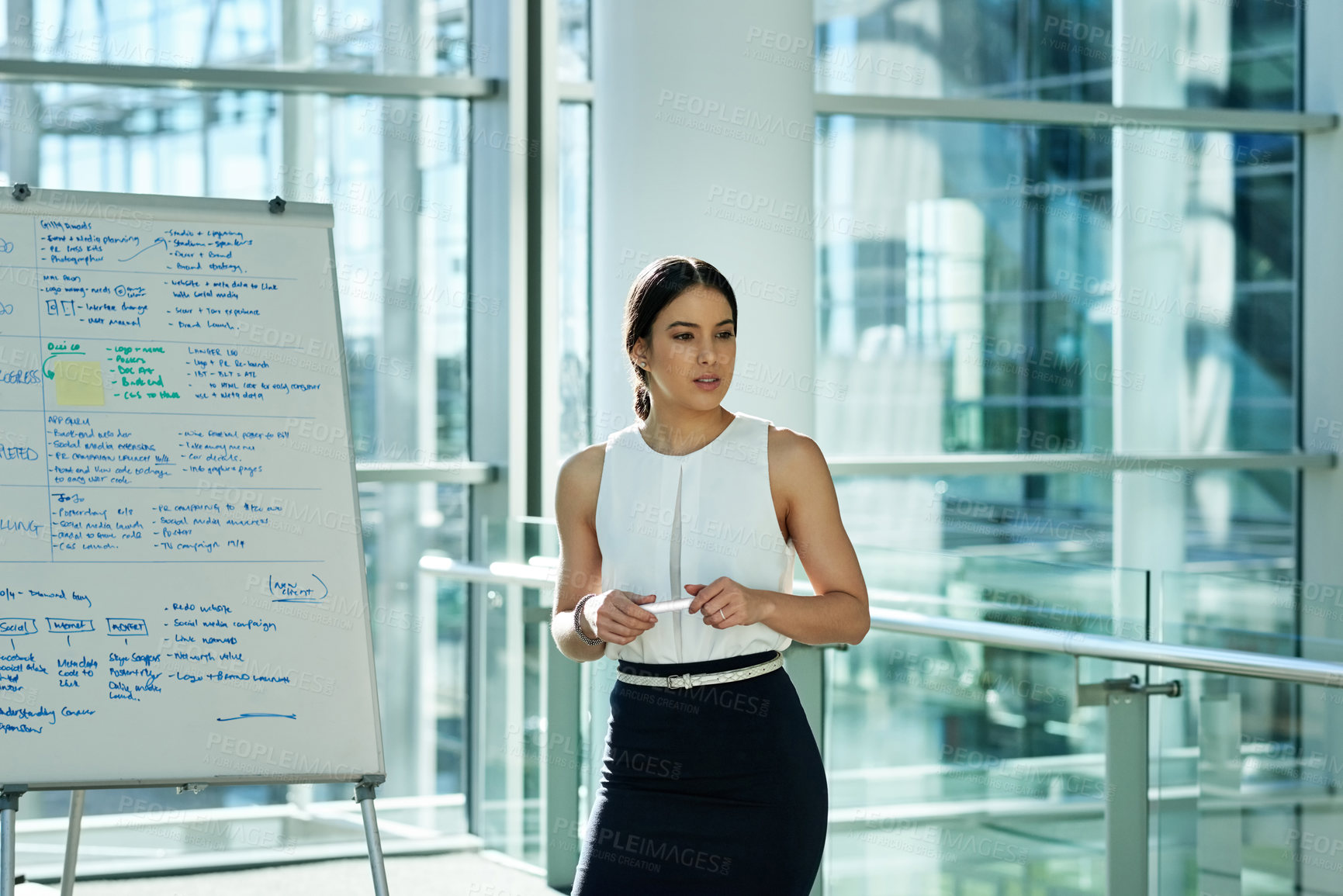 Buy stock photo Presentation, business or woman in office with whiteboard, project management or planning. Speaker, proposal or female person with ideas for brand launch meeting, workshop or pitch for company goals.
