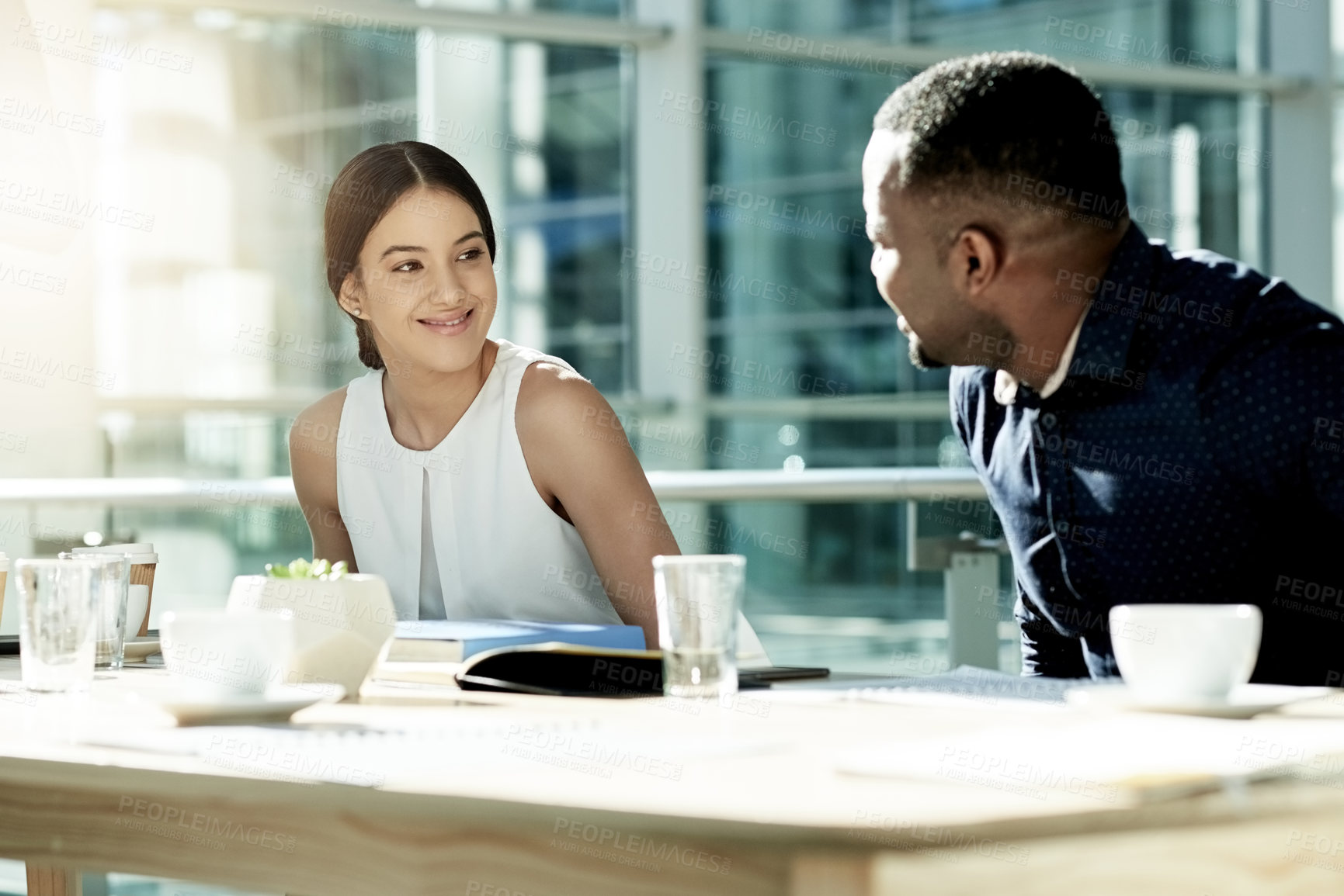 Buy stock photo Smile, business people and team planning in office with idea, investment strategy or brainstorming. Meeting, man and woman in workplace for discussion, talking and financial update with project