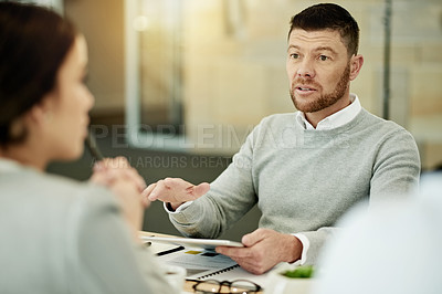 Buy stock photo Tablet, meeting and business man with proposal in office with idea, investment review or discussion. Team, people and tech in workplace for brainstorming, talking and financial update with project