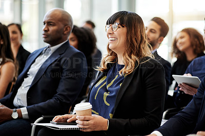 Buy stock photo Woman, laugh and business people with conference, audience or announcement for seminar event. Workshop, information and comedy with crowd, sales proposal and b2b support for presentation or pitch