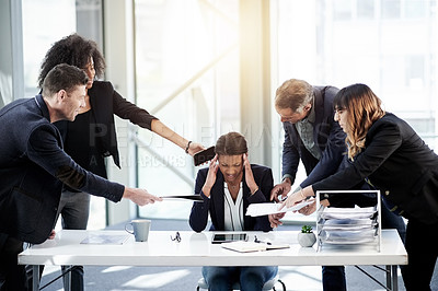 Buy stock photo Business, woman and multitasking with headache in office with phone call, paperwork and work pressure. Overwhelmed, person and overload stress with migraine, document signature and time management
