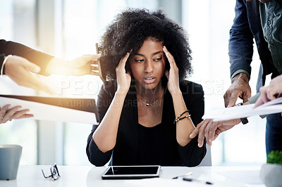Buy stock photo Business, woman and stress with chaos in office for multitasking, paperwork and migraine pressure. Overwhelmed, female person and work overload with headache, document signature and time management