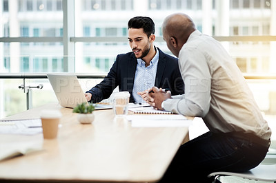 Buy stock photo Business, men and meeting with laptop in office for market analysis, investment advice or planning. Stock broker, client and tech with discussion for portfolio management, financial news and feedback