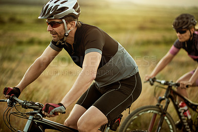 Buy stock photo Cycling, nature and people with bicycle outdoor for hobby, training and adventure on mountain. Sports, fitness and woman with man on bike with helmet for exercise, journey or challenge in countryside
