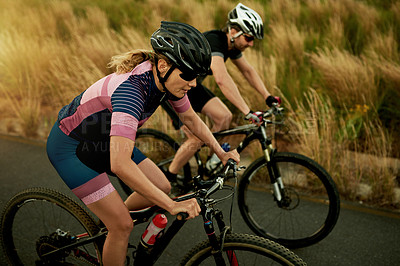 Buy stock photo Cycling, nature and couple with bicycle on road for sports hobby, training and outdoor exercise. Workout, fitness and man with woman on bike for adventure, journey and wellness in countryside
