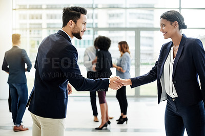 Buy stock photo Businessman, woman and shaking hands for recruitment at office, onboarding or introduction with smile. People, human resource manager and handshake in lobby, welcome or hiring at corporate agency