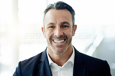Buy stock photo Investor, portrait or mature businessman with confidence for investment project or venture capital. CEO, space or happy executive director in office with smile, private equity or finance experience