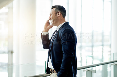 Buy stock photo Smile, phone call and mature business man networking, chat and investment guidance. Mobile, financial consultant and communication with contact for conversation, wealth advice and flare in office
