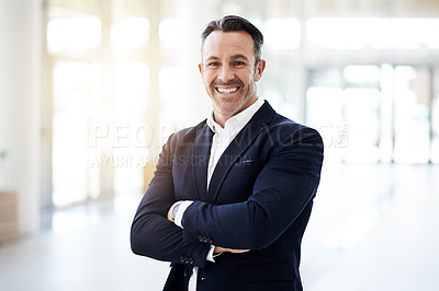 Buy stock photo Portrait, business and confident with man in office for about us of property development. Mature person, realtor and arms crossed for corporate career, real estate experience and listing opportunity