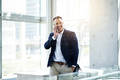 Buy stock photo Phone call, mature and business man in office for negotiation, insurance offer or deal. Talking, mobile and happy broker in workplace for conversation, communication and feedback for claims update