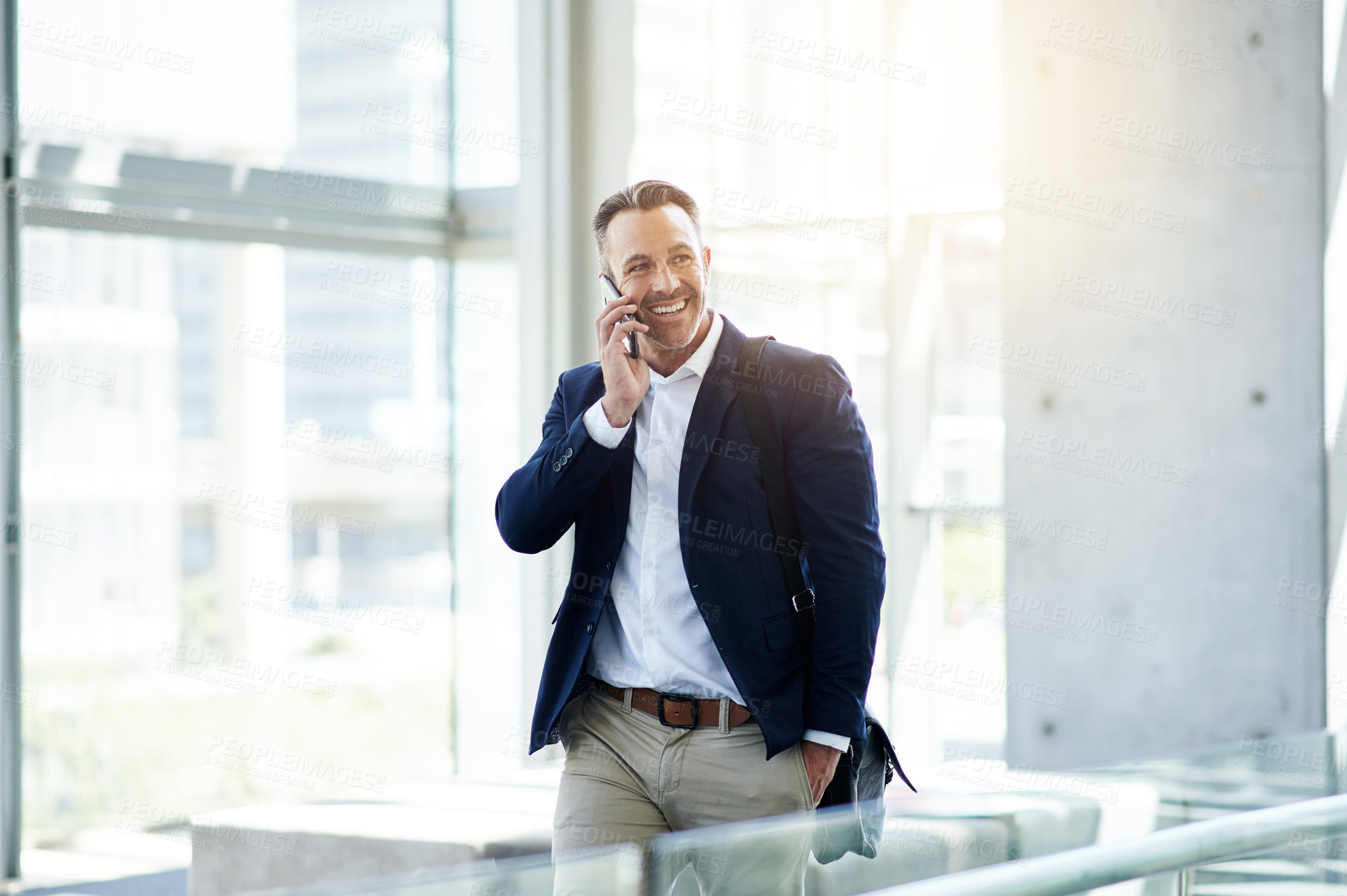 Buy stock photo Phone call, mature and business man in office for negotiation, insurance offer or deal. Talking, mobile and happy broker in workplace for conversation, communication and feedback for claims update