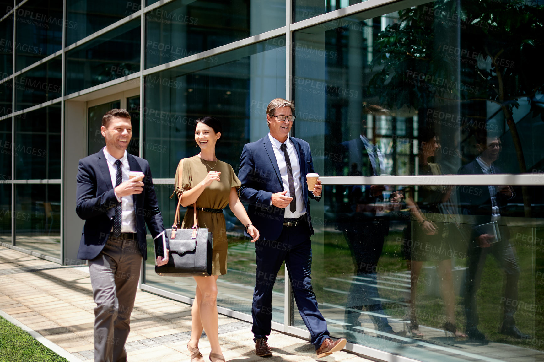 Buy stock photo Outdoor, discussion or business people with smile by glass office, conversation or commute to job. Happy, coworkers or travel to work with communication, friendship and commitment in corporate career