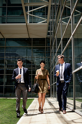 Buy stock photo Talking, coffee and smile with business people in city for labor advocate, legal team and morning commute. Travel, attorney partnership and drink with employees outdoor for court case discussion