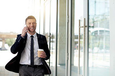 Buy stock photo Happy, businessman and conversation with phone call in city for discussion, negotiation or chat. Man, employee or consultant on mobile smartphone with coffee for business proposal in an urban town