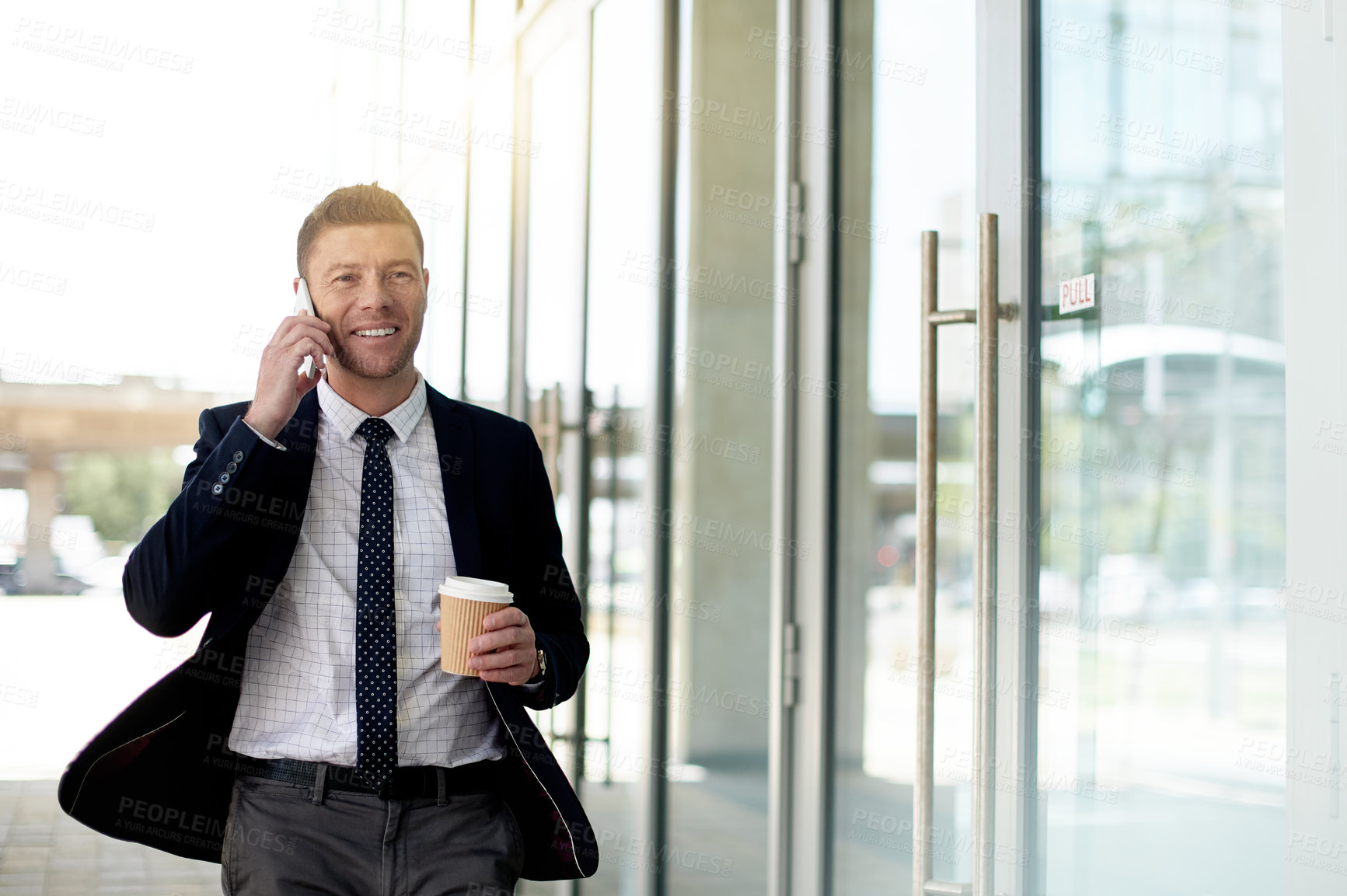 Buy stock photo Happy, businessman and conversation with phone call in city for discussion, negotiation or chat. Man, employee or consultant on mobile smartphone with coffee for business proposal in an urban town